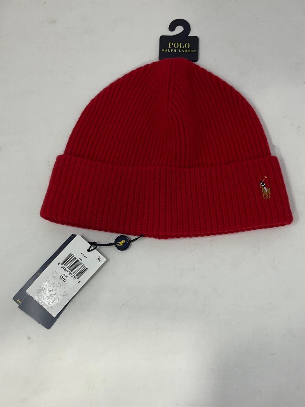 Polo by Ralph Lauren Red Ribbed Cuffed Beanie with Pony Logo
